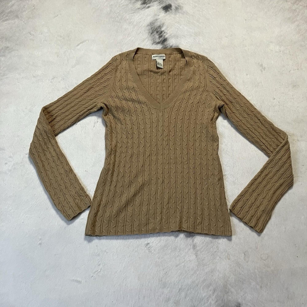 Banana Republic Sweater Womens Size Small Brown Angora Blend Cable Knit V Neck